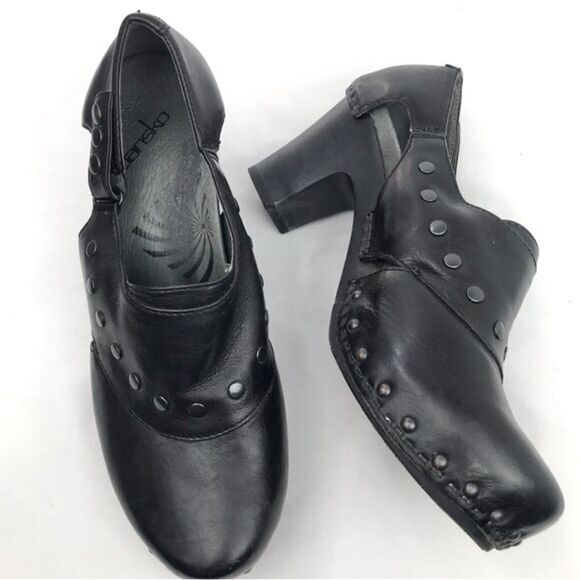 Dansko RYDER Black Leather Studded Heeled Platform Clogs - Picture 1 of 16